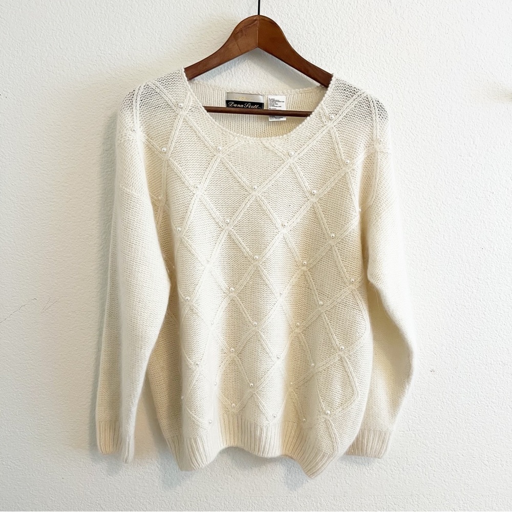 Vintage Cream with Pearl Detail Lambswool and Angora blend Sweater Large